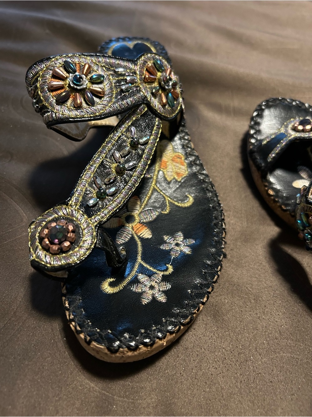 Embellished Black Floral Leather Slide Sandals - Picture 2 of 4